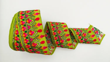 Green Fabric Trim With Green, Fuchsia Pink, Red And Yellow Embroidery and Gold Sequins